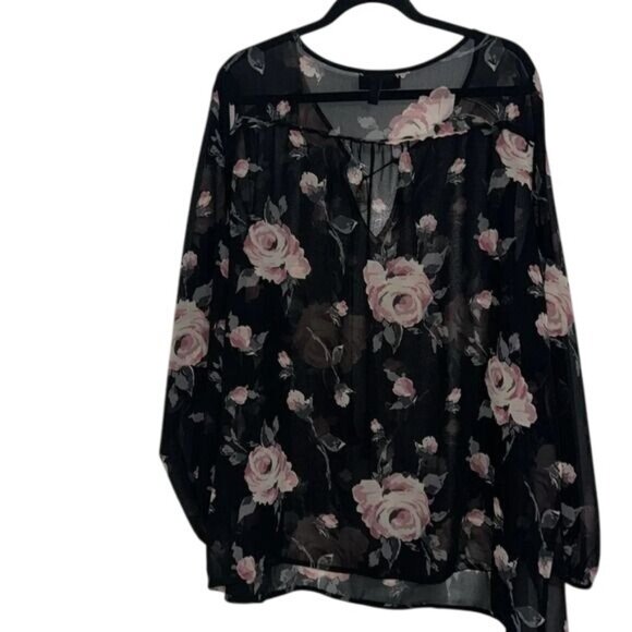 Lane Bryant Sheer Floral Long Sleeve Blouse Size 22/24 Black & Pink Roses Womens - Picture 6 of 7